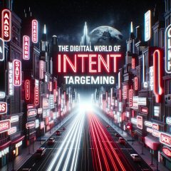 Image of a digital cityscape at night with neon signs displaying words like 'Search', 'Ads', 'Clicks', and 'Intent'. The title 'The Digital World of Intent Targeting' stands out in bold red letters against a black sky. The overall theme is cyberpunk-inspired.